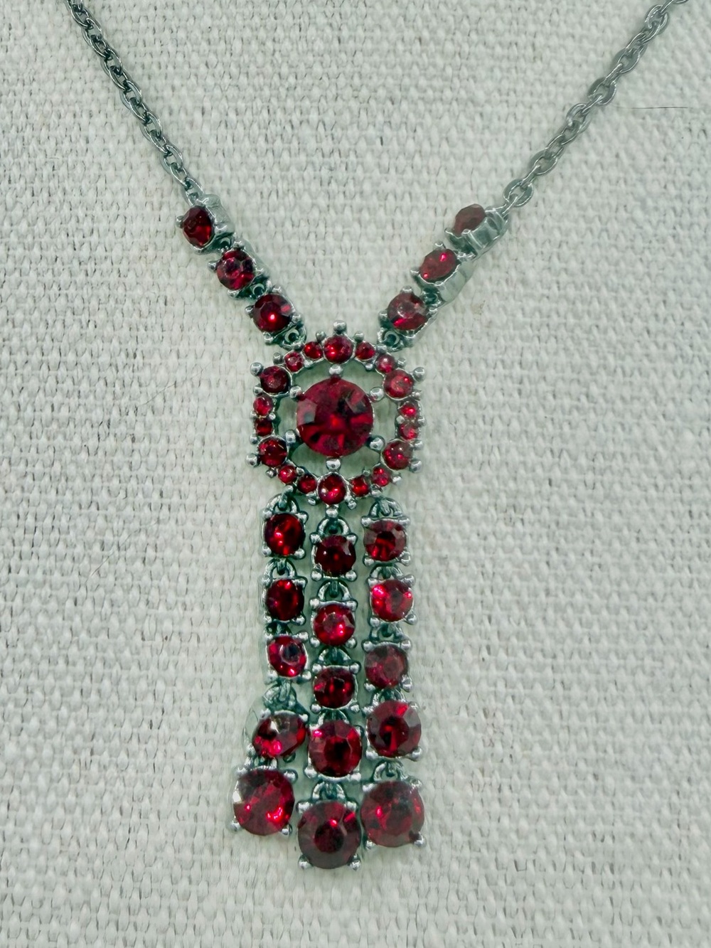 GIVENCHY Vintage Red Crystal & Gunmetal 3-tiered Cascading Fringe Necklace